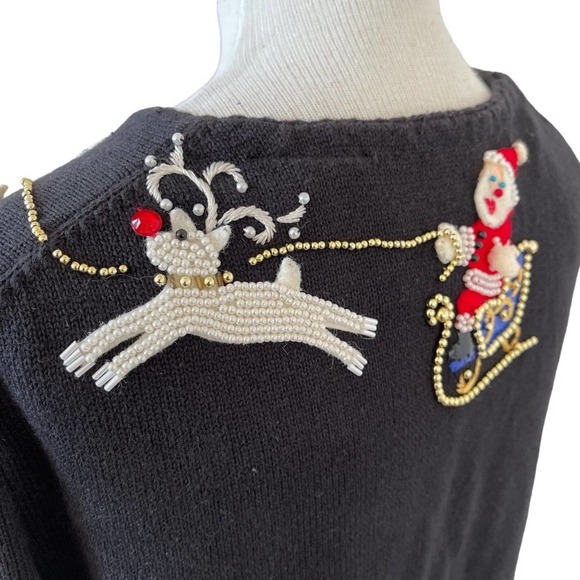 Michael Simon Cardigan Christmas Sweater Art Santa Claus Beaded Reindeer Large - Picture 6 of 16